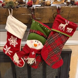 Festive Red and Green Holiday Stockings Set, Snowflake, Snowman and Reindeer